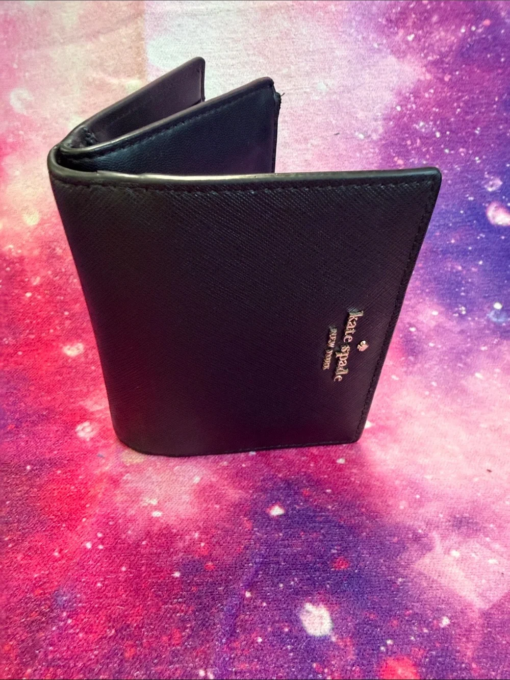 kate spade black Saffiano zip wallet with gold logo